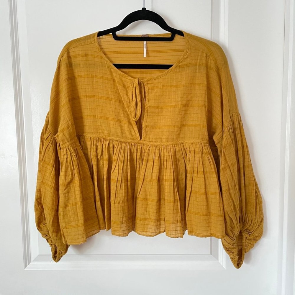Free People Beaumont Blouse Gold V Neck Tie Front